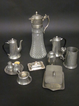 A My Lady planished English Pewter butter dish, do. circular condiment tray and 3 piece condiment set, a 3 piece coffee  service, a claret jug, a miniature silver plated entree dish, a  sugar caster and a pewter tankard