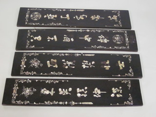4 Eastern lacquered panels with inlaid mother of pearl decoration  40" x 8 1/2"