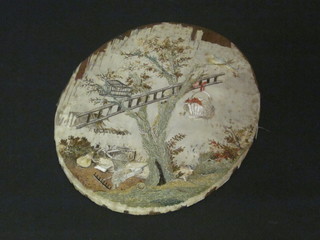 An 18th Century stump work panel depicting tree with ladder  and bird 12", oval, f,
