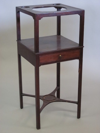 A Georgian mahogany wash stand fitted 3 bowl recepticals, the  base fitted a drawer and raised on square tapering supports with  X framed stretcher, 14", leg f and r,