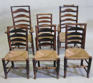 A harlequin set of 6 elm ladderback dining chairs with woven  rush seats - 2 matched carvers and 4 standard
