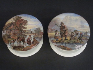 2 Staffordshire Prattware pot lids and bases decorated a fishing  scene and figures wading through a river, 4"