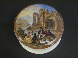 A Staffordshire Prattware pot lid decorated a group picnicking in  a ruined abbey 4"