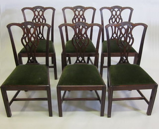 A set of 6 mahogany Chippendale style slat back dining chairs  with vase shaped slat backs and upholstered drop in seats