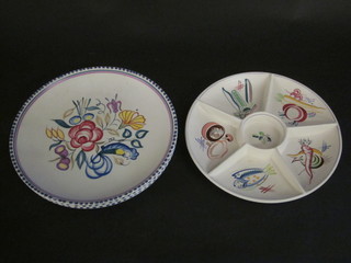 A circular segmented Poole Pottery hors d'eouvres dish, the base with dolphin mark and 362 8", together with 3 circular Poole  Pottery plates