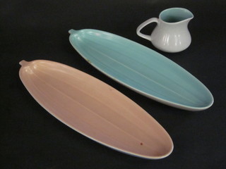 A green and grey Poole Pottery jug 3" and 2 Poole Pottery leaf shaped dishes 12"