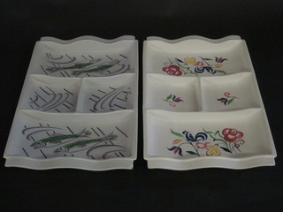 2 rectangular Poole Pottery hors d'eouvres dishes, the base with Poole Pottery dolphin mark, 13", 1 chipped