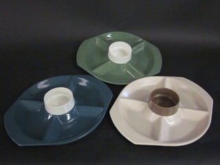 3 circular Poole Pottery hors d'eouvres dishes with dip bowls to  the centre, base with dolphin mark 15"