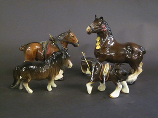 3 pottery models of Shire horses and 1 of a Shetland pony