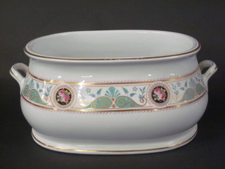 A Victorian Minton oval footbath with floral decoration and  green and gilt banding 16"