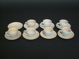 A 15 piece pink and grey patterned Poole Pottery coffee service,  a circular sugar bowl, 8 saucers, 6 cups - 3 f,