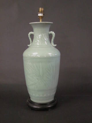 An Oriental Celadon twin handled table lamp 17"