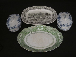 2 oval blue and white twin handled tureens, a glazed oval meat  plate and a Masons oval meat plate - Angling Series