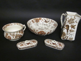 An Autuma 5 piece Victorian brown glazed wash set comprising circular wash bowl - cracked, triangular shaped jug - handle f,  chamber pot and 2 rectangular dishes - 1 chipped