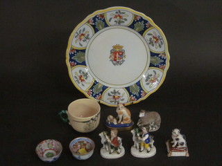 A Quimper ware plate, a miniature figure of a seated cat 2", a Staffordshire style figure of a sheep 1" and other figures etc