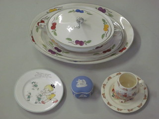 An 18 piece Grindley patterned dinner service comprising 3  graduated oval meat plates 16", 14" and 12", 2 oval twin handled  tureens 12" - 1 lid crazed, 1 base chipped, 6 dinner plates 10", 6  side plates 9" - 1 cracked, 1 chipped, sauce boat together with a  Royal Doulton Bunnykins mug, a Shelley fairy plate, Wedgwood  pot with lid and other decorative items