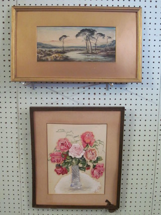 H R Stone, watercolour drawing "Trees" 5" x 10" and 1 other  "Vase of Roses" 11" x 8"