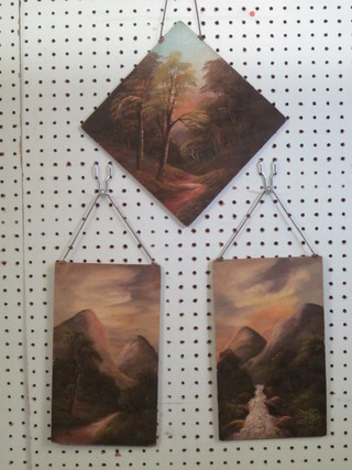 3 19th Century oil paintings on board "Two Studies of Mountains and One Woodland Scene" 10" x 6"