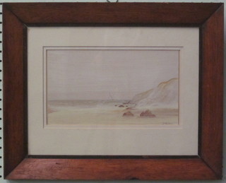 J Holivard, oil on canvas "Seascape with Cliffs and Sailing Boats" 6" x 9"