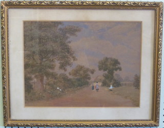 19th Century watercolour drawing "Country Lane with Children  Walking and Barn in Distance" 9 1/2" x 12"