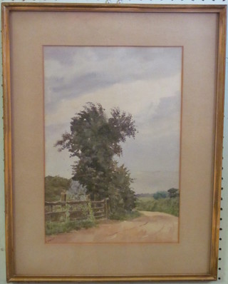 R Harvest, watercolour "Country Lane" the reverse with Waring  & Gillows Picture Gallery label 14" x 9 1/2"