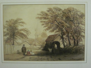 18th/19th Century watercolour drawing "Lane with Church in Distance, Figures and Cart" 8" x 11"