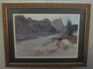 W Russell Flint, a coloured print "Lady Sat by a River" with  blind proof stamp 15" x 22"