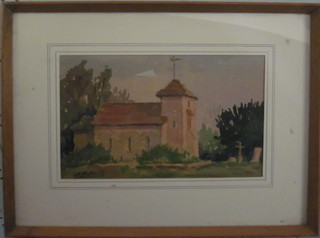J Eatock, watercolour drawing "St Botolph's Church, Coombes  Nr Steyning" 7 1/2" x 11"