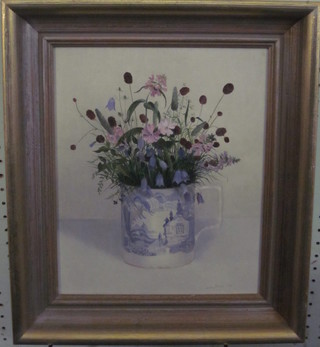 Audrey Johnson, oil on board, still life study "Blue and White  Mug of Wild Flowers" 11" x 9 1/2"