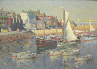 A Hayward, impressionist oil on board "Moored Fishing Boats  with Buildings in Distance" 9 1/2" x 13 1/2"   ILLUSTRATED FRONT COVER