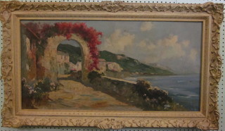 Impressionist oil on canvas "Mediterranean Beach Scene with Terrace, Cliffs in Distance" 15" x 30"  ILLUSTRATED