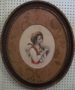Victorian coloured print "The Girl Egg Hunter" 11" oval,  contained in a decorative gilt frame