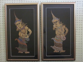 2 Thai paintings on silk "Dancing Ladies" 19" x 10"