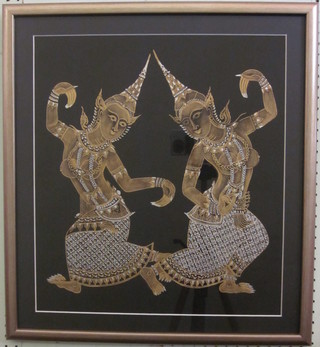 3 Victorian drawings on silk "Thai Dancing Figures" 19" x 17"