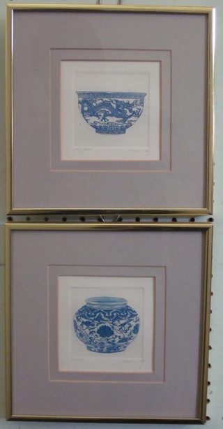 A pair of limited edition coloured prints "Oriental Blue and White Bowls" 3" x 3"