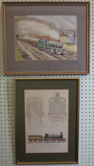Harold Bennett, watercolour drawing "GWR Cornish Riviera" 8  1/2" x 12" together with 3 coloured prints of locomotives and a  monochrome print "Viaduct"