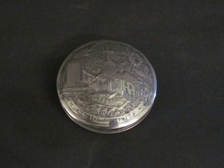 A Continental embossed white metal compact decorated the  Church of the Nativity, reverse marked 833, 2 1/2"