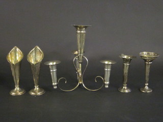 A silver plated 3 section epergne, a pair of silver plated specimen  vases and 2 other specimen vases