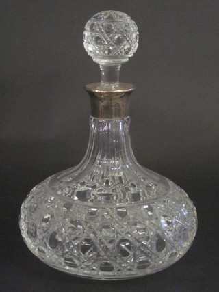 A modern cut glass ships decanter and stopper with silver collar  by Mappin & Webb, marked 925  ILLUSTRATED