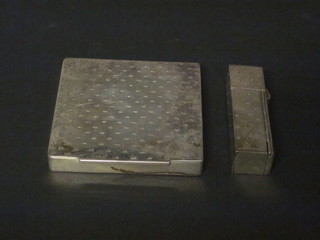 A square white metal compact with engine turned decoration together with a matching lipstick case