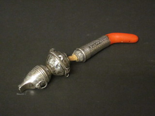 A Victorian engraved silver rattle with coral teething bar, f,