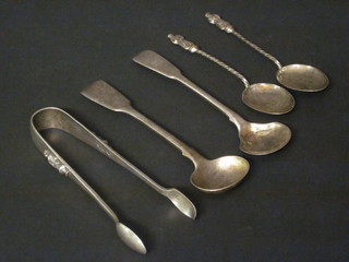 2 Georgian silver mustard spoons, a pair of silver sugar tongs and  2 silver apostle coffee spoons 1 ozs