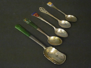 A Sterling silver berry spoon with green hardstone handle, do. teaspoon and 3 silver and enamelled souvenir spoons