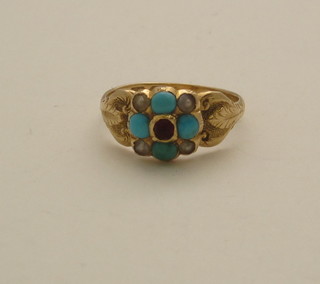 An 18ct gold dress ring set turquoise and demi pearls