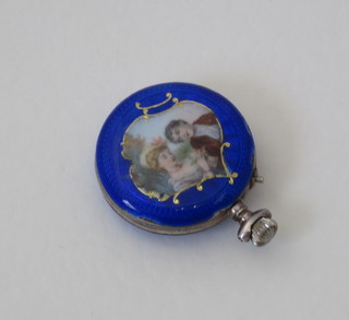 A Continental silver and enamelled open faced fob watch  decorated a romantic scene, contained in a blue enamelled case,  f,