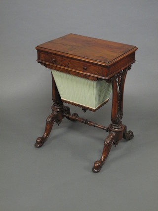 A Victorian yew work table, fitted a drawer with deep basket, raised on standard end supports with H framed stretcher 21"