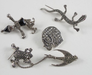 5 various marcasite brooches in the form of a lizard, elephant, dove, frog and dancing articulated man