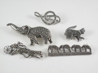 5 various marcasite brooches