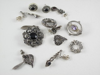 4 various brooches and 5 various pairs of marcasite earrings
