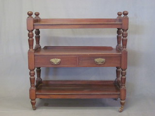 A Victorian rectangular mahogany 2 tier buffet, the base fitted 2 drawers, raised on turned and block supports 41"